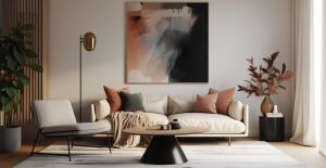 A living room with a double white couch covered in pillows with earthy tones, a white rug, and a large painting.