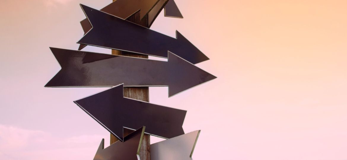 A wooden post atop a mountain with at least 12 black arrows attached to it and pointing in all different directions.